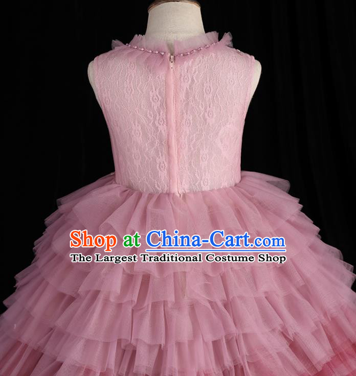 Top Girl Princess Performance Fashion Garment Children Stage Show Formal Clothing Catwalks Pink Veil Trailing Evening Dress