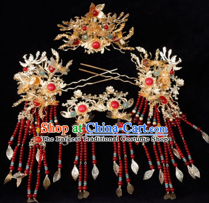 Chinese Ancient Bride Golden Hair Comb Classical Red Beads Tassel Hairpins XiuHe Headpieces Handmade Wedding Hair Accessories