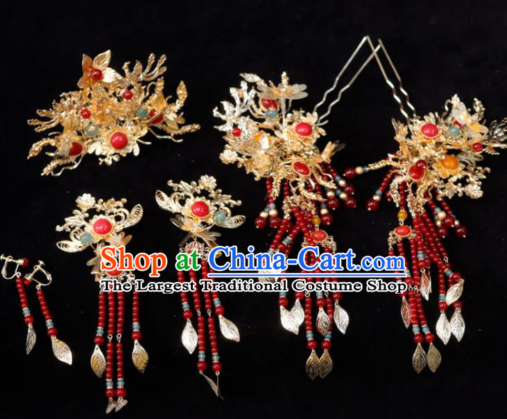 Chinese Ancient Bride Golden Hair Comb Classical Red Beads Tassel Hairpins XiuHe Headpieces Handmade Wedding Hair Accessories