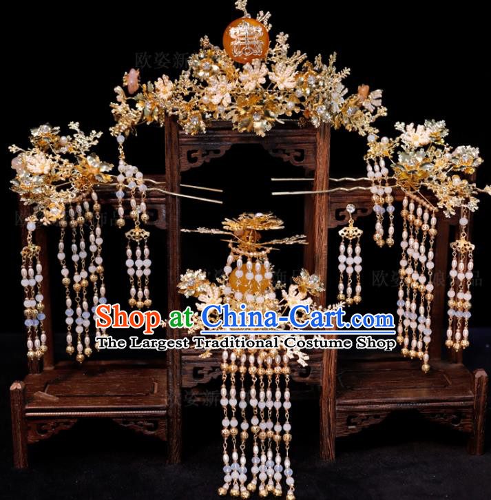 Chinese Handmade Wedding Hair Accessories Ancient Bride Golden Phoenix Coronet Classical Tassel Hairpins XiuHe Headpieces