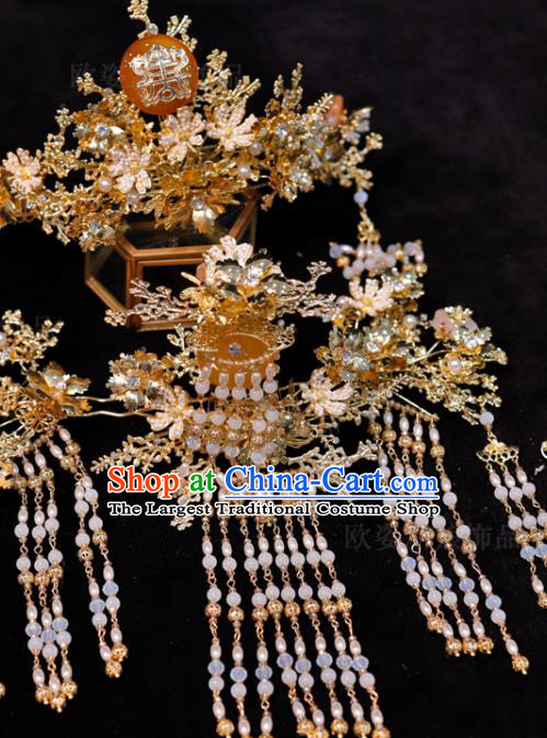 Chinese Handmade Wedding Hair Accessories Ancient Bride Golden Phoenix Coronet Classical Tassel Hairpins XiuHe Headpieces
