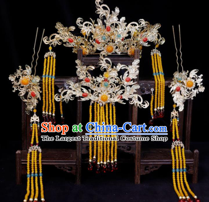 Chinese Ancient Bride Phoenix Coronet Classical Yellow Tassel Hairpins Hanfu Headdress Handmade Wedding Hair Accessories