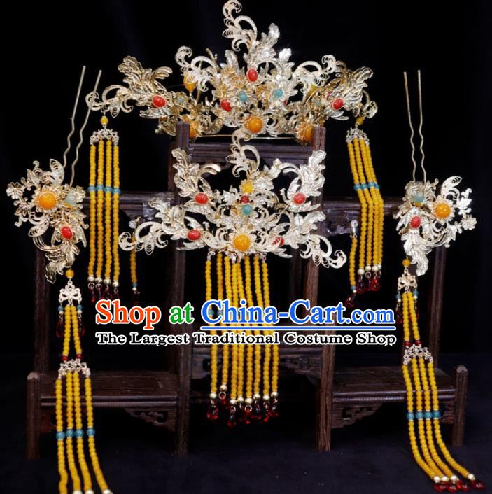 Chinese Ancient Bride Phoenix Coronet Classical Yellow Tassel Hairpins Hanfu Headdress Handmade Wedding Hair Accessories