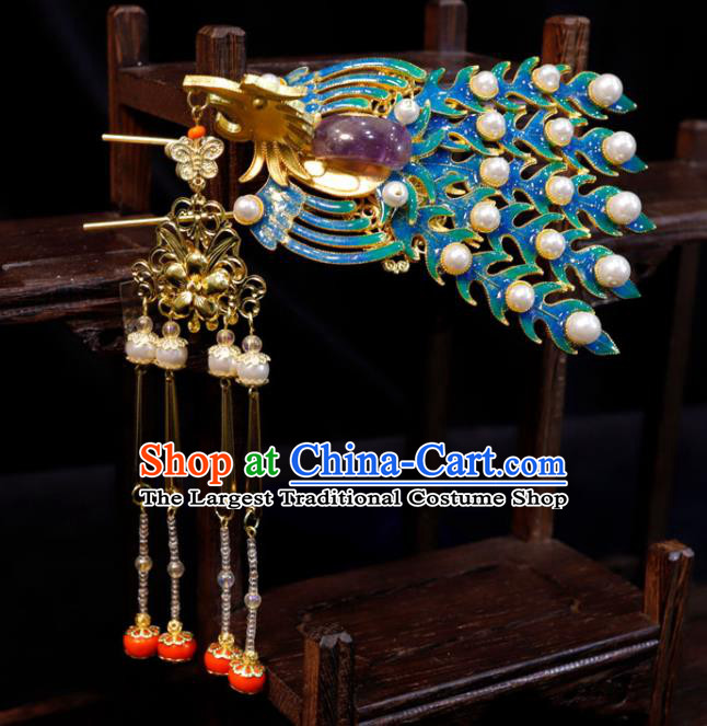 Chinese Classical Amethyst Hair Stick Handmade Qing Dynasty Queen Headpiece Wedding Hair Accessories Ancient Bride Enamel Phoenix Hairpin