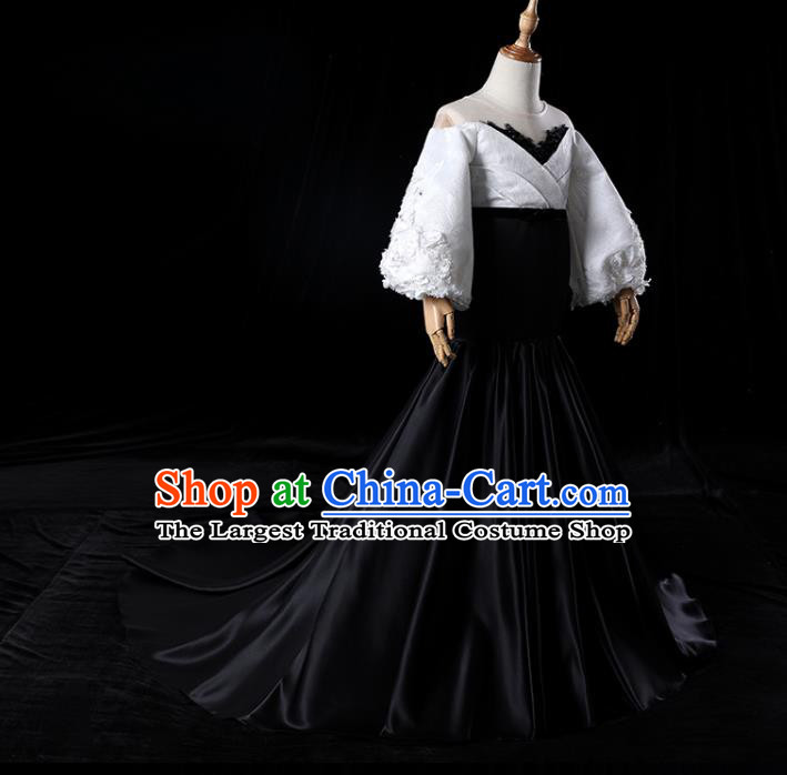 Top Catwalks Compere Black Trailing Evening Dress Girl Performance Fashion Garment Children Stage Show Formal Clothing