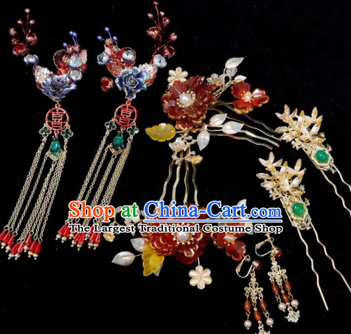 Chinese Handmade Wedding Headpieces Xiuhe Suits Hair Accessories Ancient Bride Tassel Hairpin Classical Red Peony Hair Combs