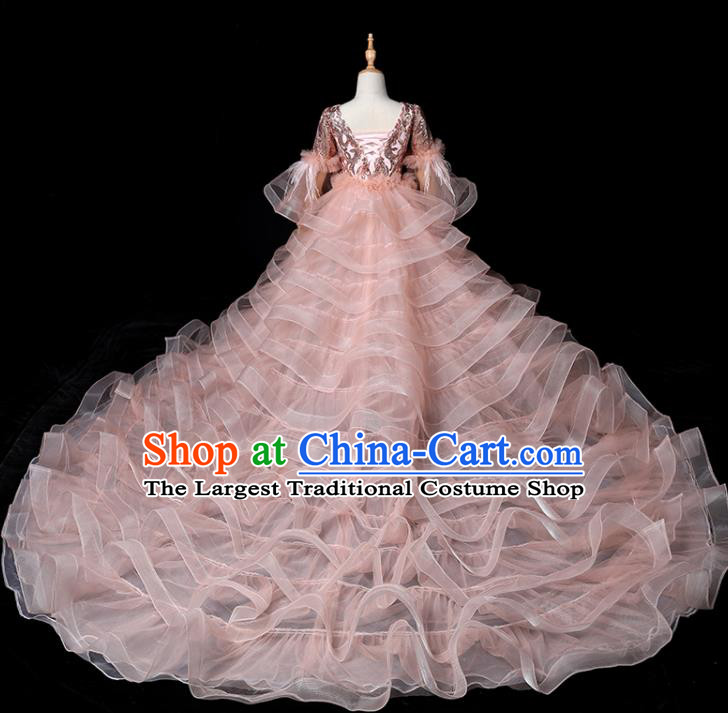 Top Baroque Girl Princess Fashion Garment Children Stage Show Formal Clothing Catwalks Pink Trailing Evening Dress