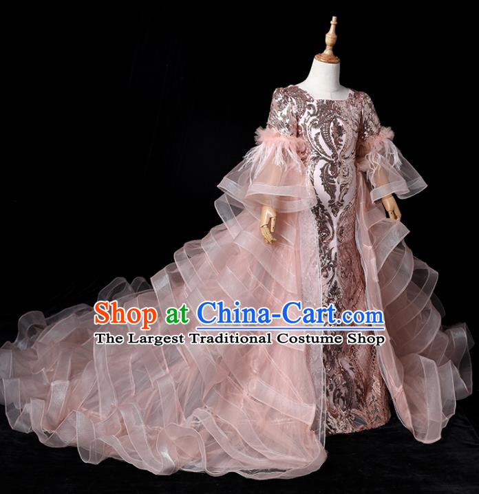 Top Baroque Girl Princess Fashion Garment Children Stage Show Formal Clothing Catwalks Pink Trailing Evening Dress