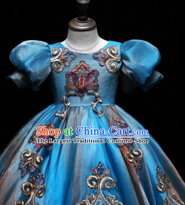 Top Catwalks Embroidered Blue Evening Dress Baroque Girl Princess Fashion Garment Children Stage Show Formal Clothing