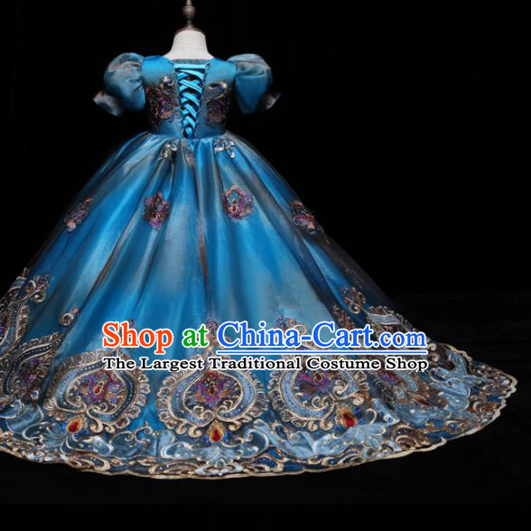 Top Catwalks Embroidered Blue Evening Dress Baroque Girl Princess Fashion Garment Children Stage Show Formal Clothing