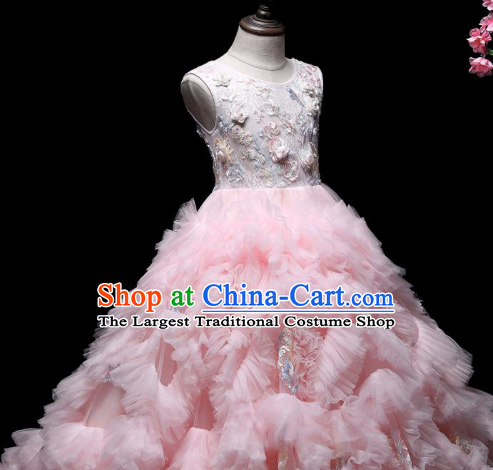 Top Children Stage Show Formal Clothing Catwalks Pink Veil Trailing Evening Dress Girl Princess Fashion Garment
