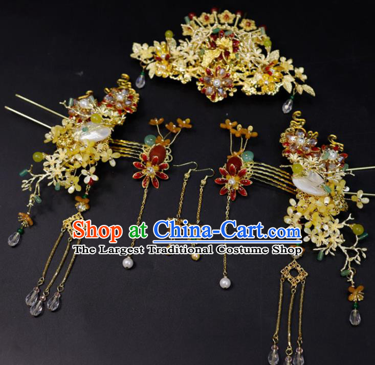 Chinese Classical Fragrans Hairpins Handmade Wedding Headdress XiuHe Suits Hair Accessories Ancient Bride Golden Hair Crown
