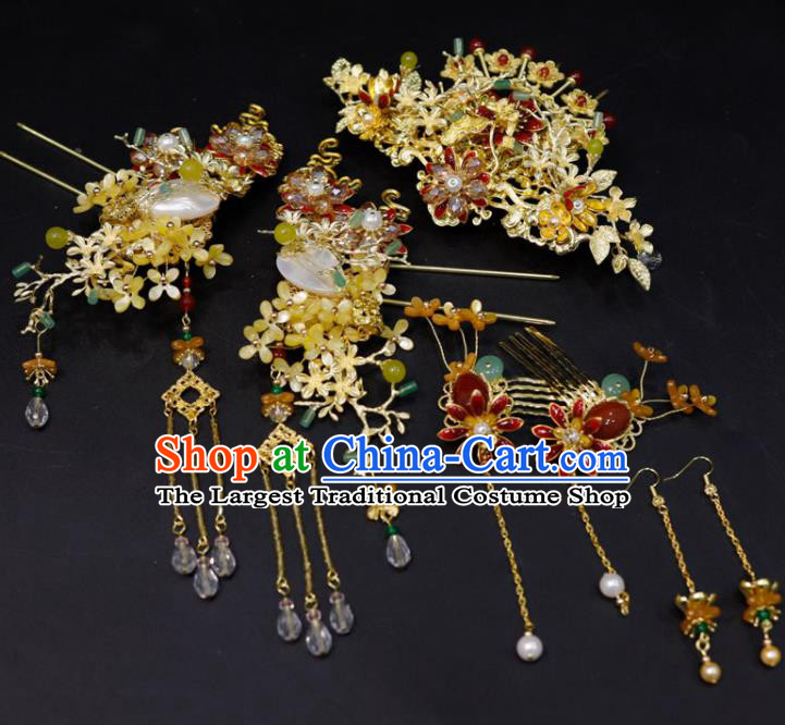 Chinese Classical Fragrans Hairpins Handmade Wedding Headdress XiuHe Suits Hair Accessories Ancient Bride Golden Hair Crown