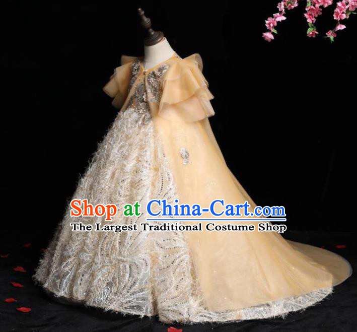 Top Girl Catwalks Beige Feather Trailing Evening Dress Princess Fashion Garment Children Stage Show Formal Clothing