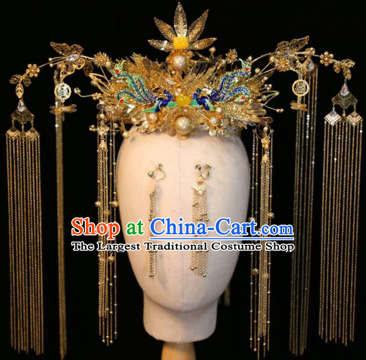Chinese Classical Golden Phoenix Coronet Handmade Wedding Headdress Traditional XiuHe Hair Accessories Ancient Bride Cloisonne Hair Crown
