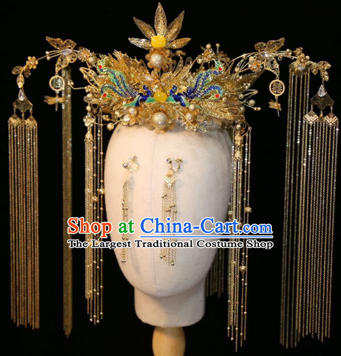 Chinese Classical Golden Phoenix Coronet Handmade Wedding Headdress Traditional XiuHe Hair Accessories Ancient Bride Cloisonne Hair Crown
