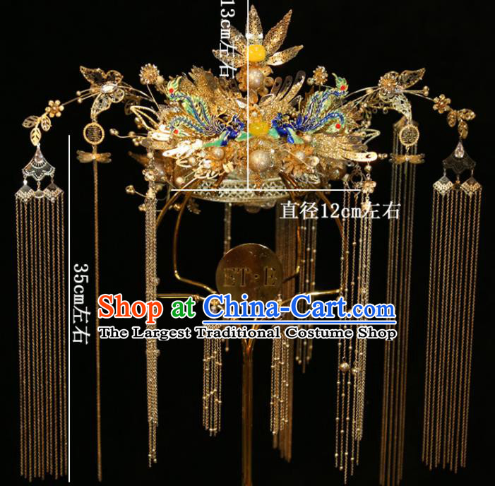 Chinese Classical Golden Phoenix Coronet Handmade Wedding Headdress Traditional XiuHe Hair Accessories Ancient Bride Cloisonne Hair Crown
