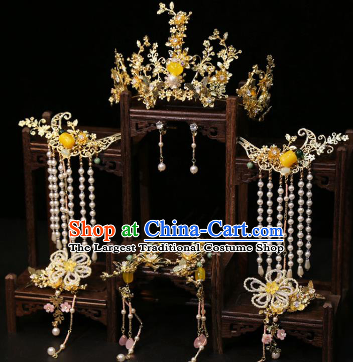 Chinese Ancient Bride Golden Hair Crown Classical Tassel Hairpins Handmade Wedding Headdress Traditional XiuHe Hair Accessories