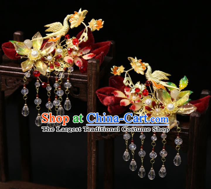 China Handmade Wedding Hair Accessories Traditional Hanfu Hairpins Ancient Bride Golden Crane Hair Sticks