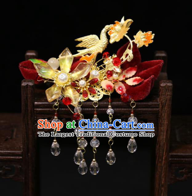 China Handmade Wedding Hair Accessories Traditional Hanfu Hairpins Ancient Bride Golden Crane Hair Sticks