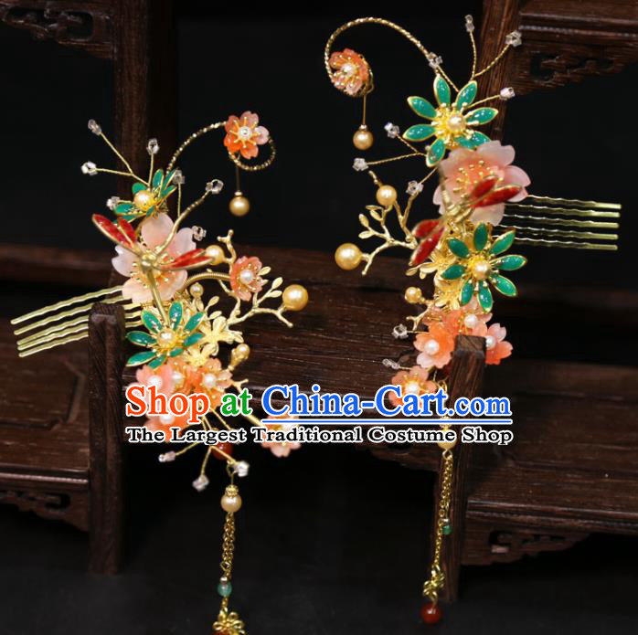 Chinese Traditional XiuHe Hair Accessories Ancient Bride Enamel Hair Combs Classical Tassel Hairpins Handmade Wedding Headdress