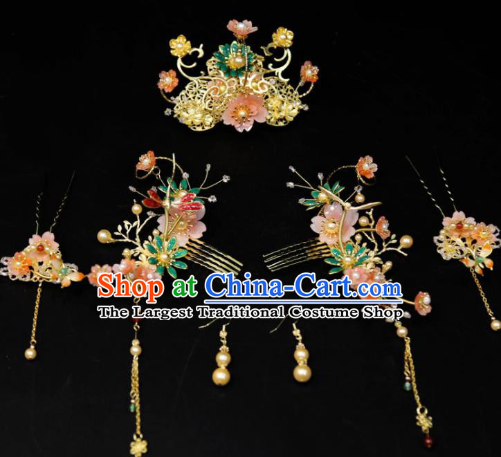 Chinese Traditional XiuHe Hair Accessories Ancient Bride Enamel Hair Combs Classical Tassel Hairpins Handmade Wedding Headdress