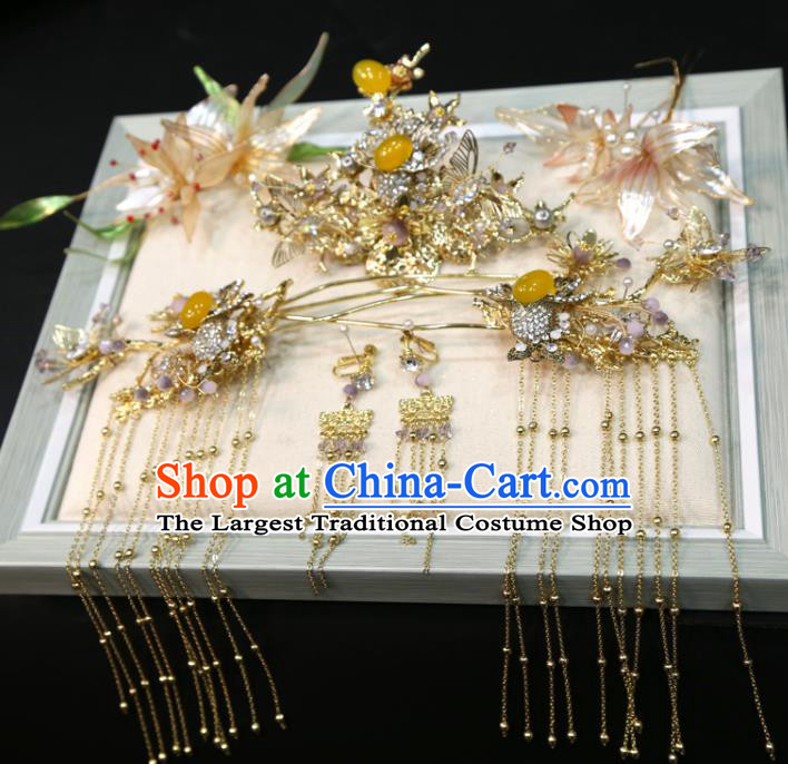 Chinese Handmade Wedding Headdress Traditional XiuHe Hair Accessories Ancient Bride Golden Hair Comb Classical Tassel Hairpins