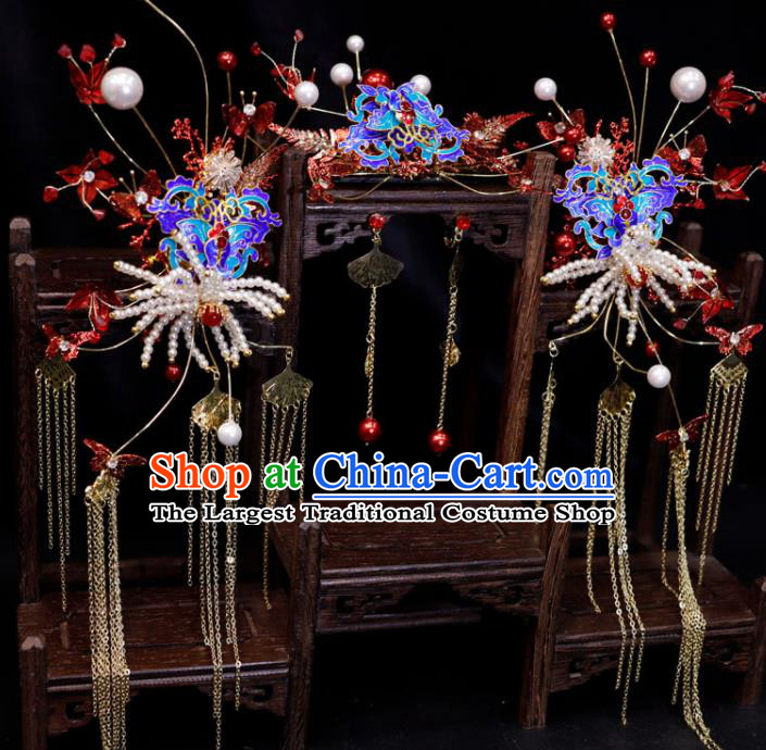 Chinese Handmade Wedding Headpieces Ming Dynasty Hair Accessories Ancient Bride Hair Comb Classical Cloisonne Hairpins