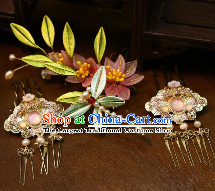 China Handmade Song Dynasty Wedding Hair Accessories Traditional Hanfu Golden Hairpins Ancient Bride Silk Dragonfly Hair Comb
