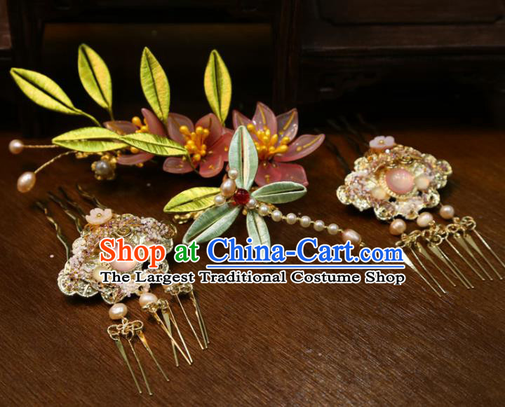 China Handmade Song Dynasty Wedding Hair Accessories Traditional Hanfu Golden Hairpins Ancient Bride Silk Dragonfly Hair Comb