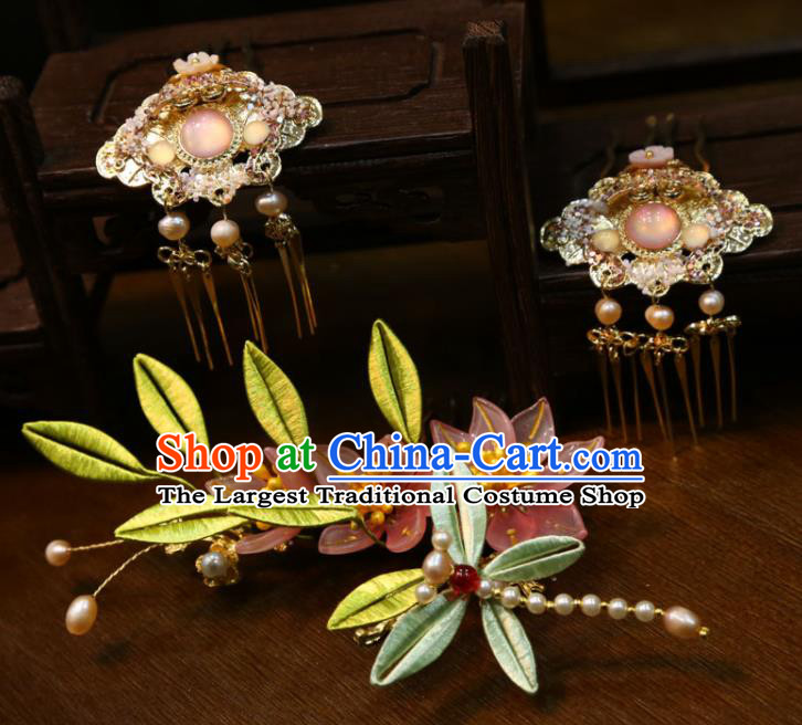 China Handmade Song Dynasty Wedding Hair Accessories Traditional Hanfu Golden Hairpins Ancient Bride Silk Dragonfly Hair Comb