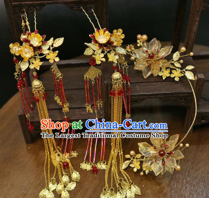 Chinese Ancient Bride Golden Lotus Hairpin Classical Hair Clasp Handmade Wedding Headdress Traditional XiuHe Hair Accessories