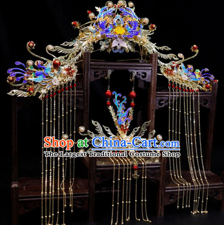 Chinese Ancient Bride Cloisonne Hair Crown Classical Tassel Hairpins Handmade Wedding Headpieces Ming Dynasty Hair Accessories