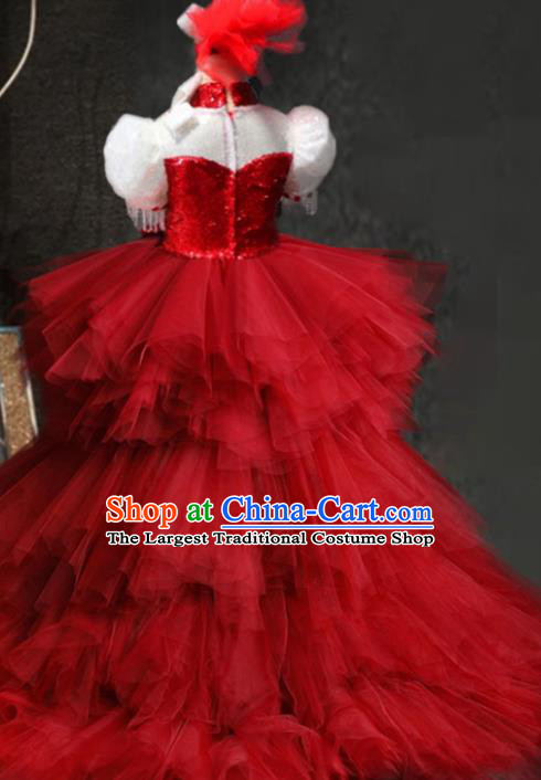 Top Catwalks Red Veil Trailing Dress Christmas Stage Show Fashion Children Day Performance Clothing Girl Chorus Garment