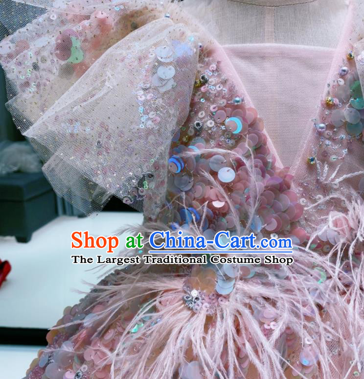 Top Girl Catwalks Show Sequins Evening Clothing Baroque Princess Formal Garment Children Stage Performance Pink Full Dress