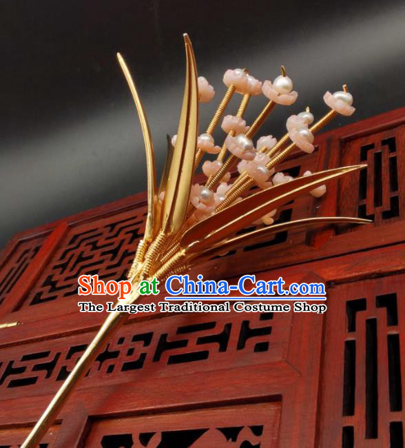 China Classical Cheongsam Headpiece Handmade Hair Accessories Traditional Hanfu Golden Bamboo Hairpin Ancient Princess Pearls Hair Stick