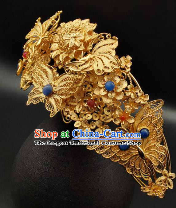 Chinese Traditional Wedding Hair Accessories Ancient Empress Phoenix Coronet Classical Gilding Butterfly Hair Crown Handmade Ming Dynasty Headpiece