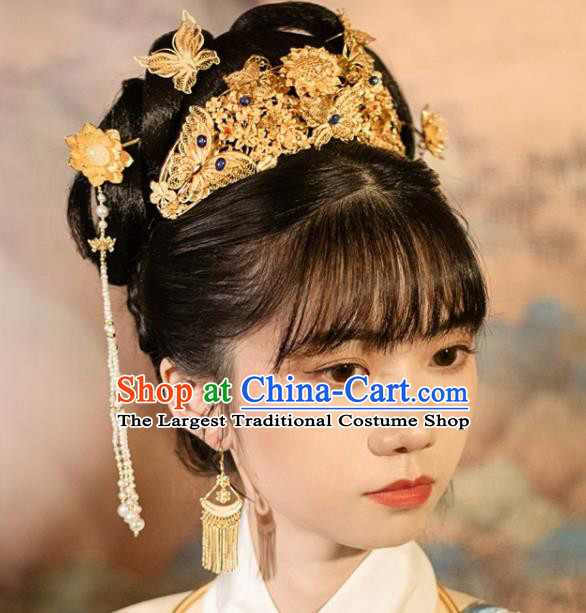 Chinese Classical Gilding Lotus Hair Stick Handmade Ming Dynasty Headpiece Traditional Wedding Hair Accessories Ancient Empress Pearls Tassel Hairpin