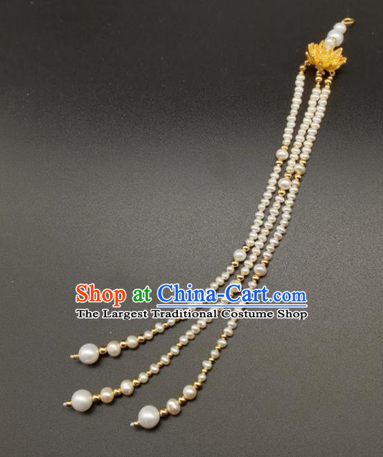 Chinese Classical Gilding Lotus Hair Stick Handmade Ming Dynasty Headpiece Traditional Wedding Hair Accessories Ancient Empress Pearls Tassel Hairpin