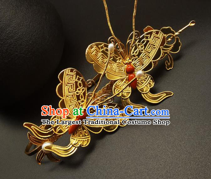 Chinese Traditional Wedding Hair Accessories Ancient Empress Agate Butterfly Hairpin Classical Gilding Hair Stick Handmade Ming Dynasty Headpiece