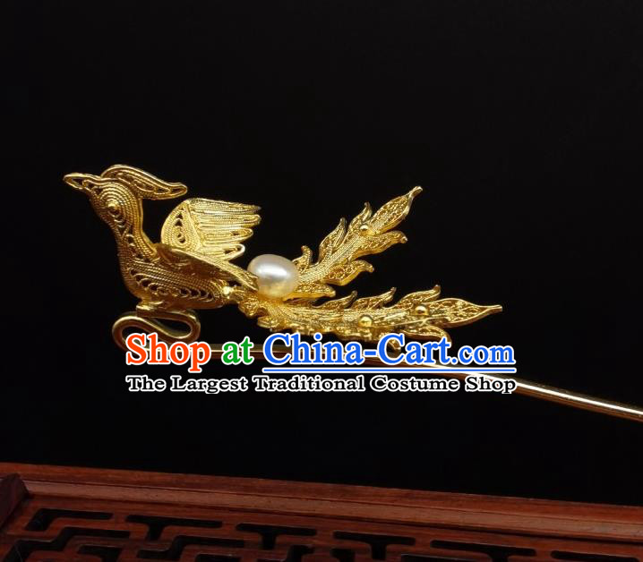 Chinese Ancient Queen Golden Phoenix Hairpin Classical Tassel Hair Stick Handmade Ming Dynasty Headpiece Traditional Wedding Hair Accessories