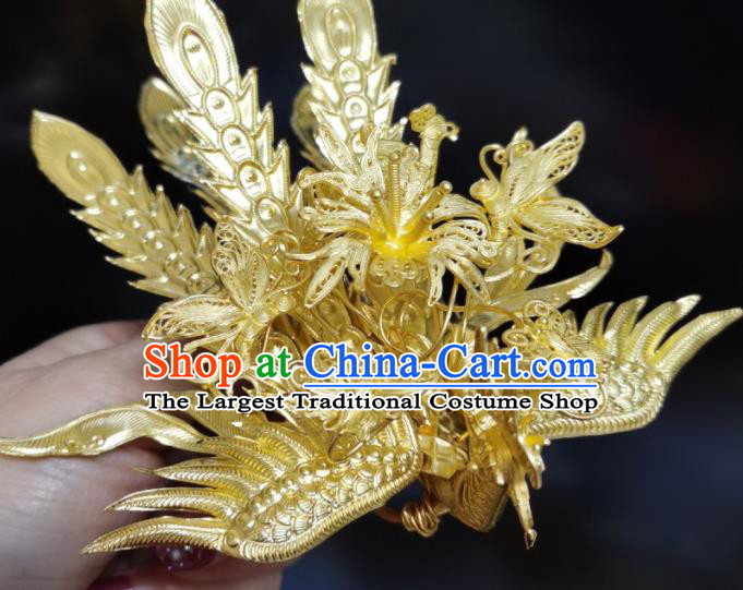 Chinese Handmade Ming Dynasty Headpiece Traditional Wedding Hair Accessories Ancient Princess Gilding Phoenix Hairpin Classical Tassel Hair Crown