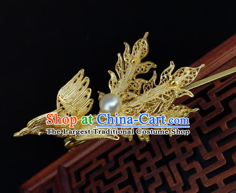 Chinese Ancient Queen Golden Phoenix Hairpin Classical Tassel Hair Stick Handmade Ming Dynasty Headpiece Traditional Wedding Hair Accessories