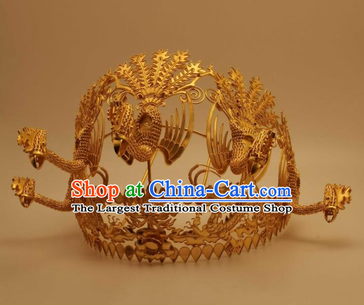 Chinese Handmade Ming Dynasty Headdress Traditional Wedding Hair Accessories Ancient Empress Golden Phoenix Coronet Classical Hair Crown