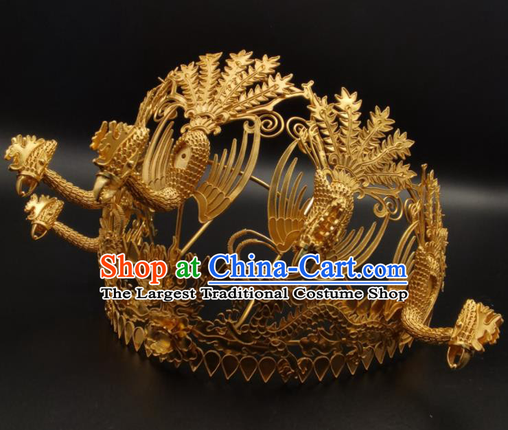 Chinese Handmade Ming Dynasty Headdress Traditional Wedding Hair Accessories Ancient Empress Golden Phoenix Coronet Classical Hair Crown