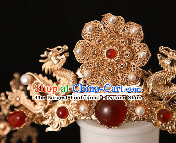 Chinese Traditional Hanfu Hair Accessories Ancient Empress Dragon Hair Crown Classical Wedding Pearls Phoenix Coronet Handmade Ming Dynasty Headdress