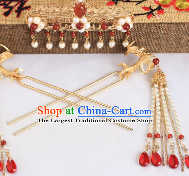 Chinese Ancient Princess Headpieces Classical Wedding Hairpins Handmade Ming Dynasty Golden Hair Sticks Traditional Hanfu Hair Accessories