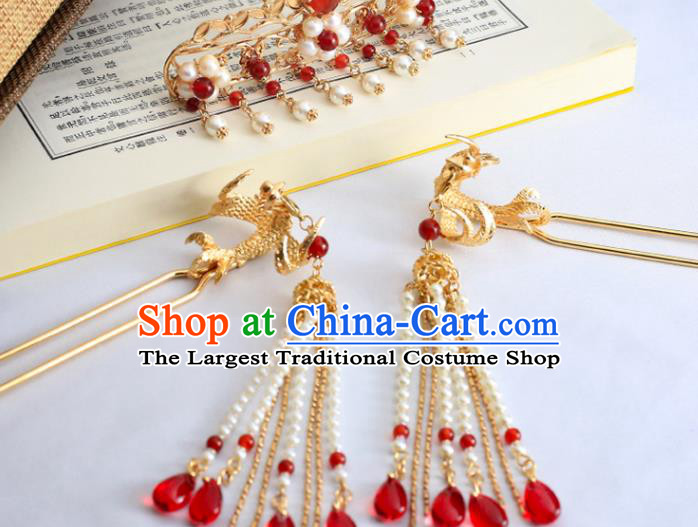 Chinese Ancient Princess Headpieces Classical Wedding Hairpins Handmade Ming Dynasty Golden Hair Sticks Traditional Hanfu Hair Accessories