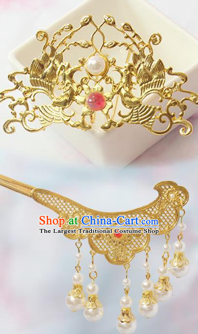 Chinese Handmade Tang Dynasty Hair Crown Traditional Hanfu Hair Accessories Ancient Princess Headpieces Classical Wedding Tassel Hairpins