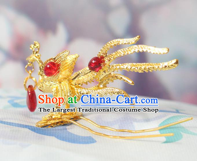 Chinese Classical Wedding Hairpin Handmade Ming Dynasty Golden Phoenix Hair Stick Traditional Hanfu Hair Accessories Ancient Empress Headpiece